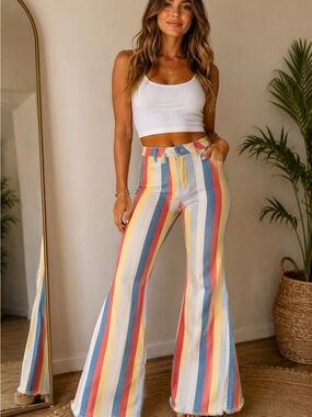 Striped Multicolor High-Waist Flare Pants - White/Yellow/Blue/Red